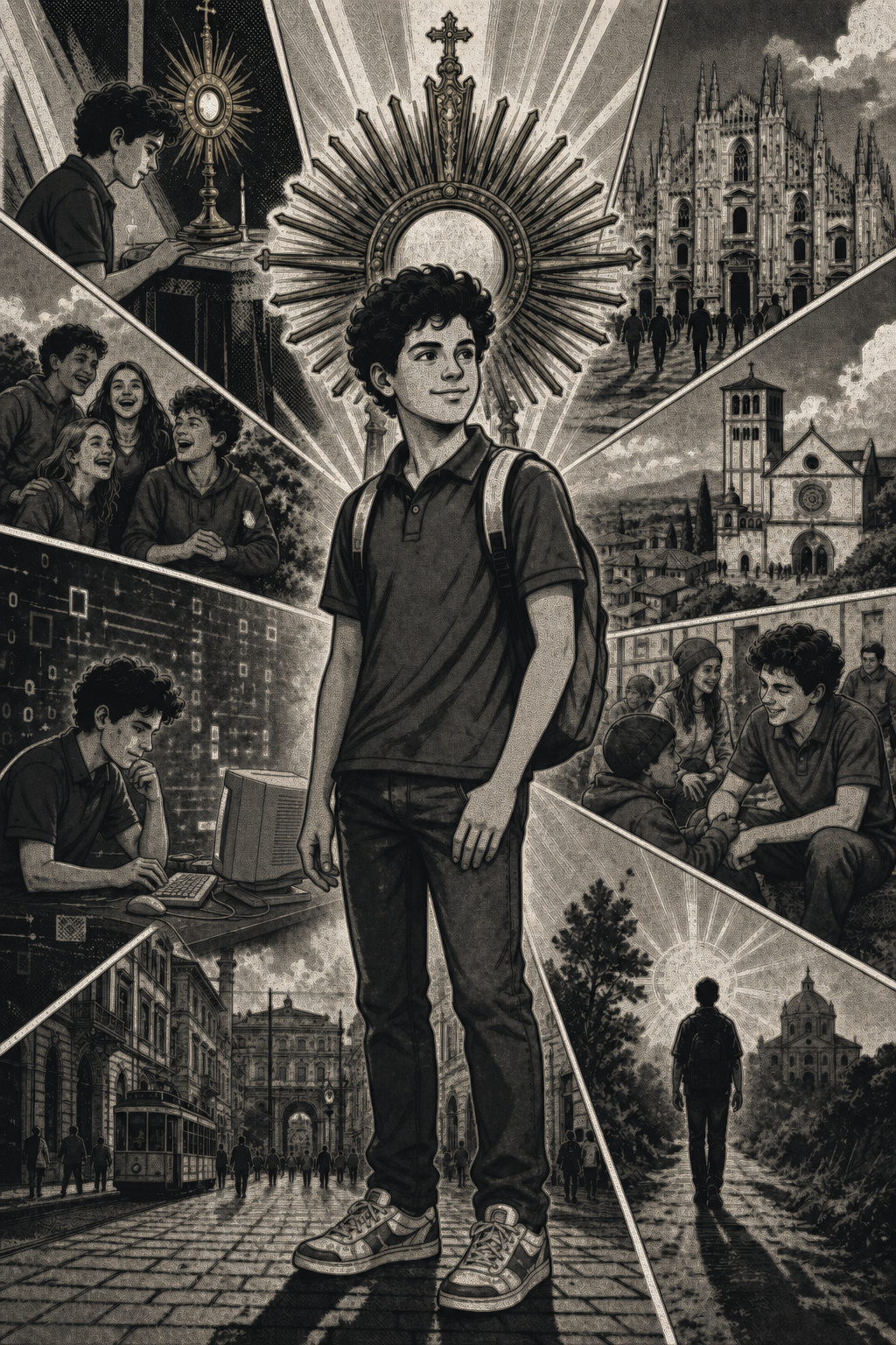 Editorial graphic-novel illustration of Carlo Acutis framed by golden rays, friends, churches, technology scenes, and city views in radiating panels.